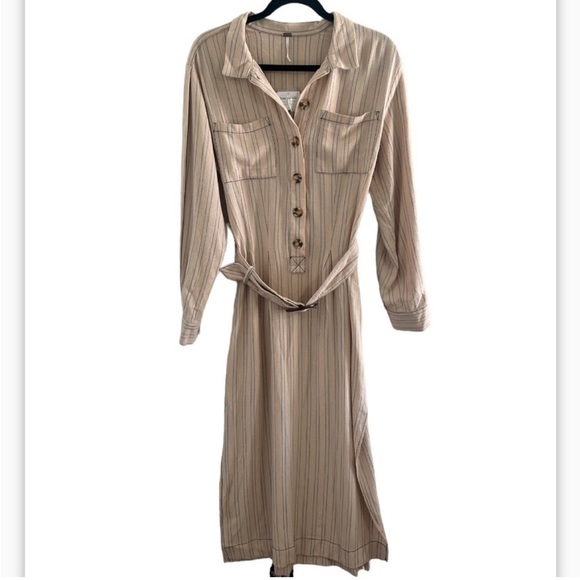 Free People Aubrey Belted Striped Shirtdress in Khaki Combo - Picture 7 of 14